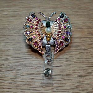 Luxury Vintage Stile Butterfly Retractable ID Badge Reel With Shiny Rhinestones